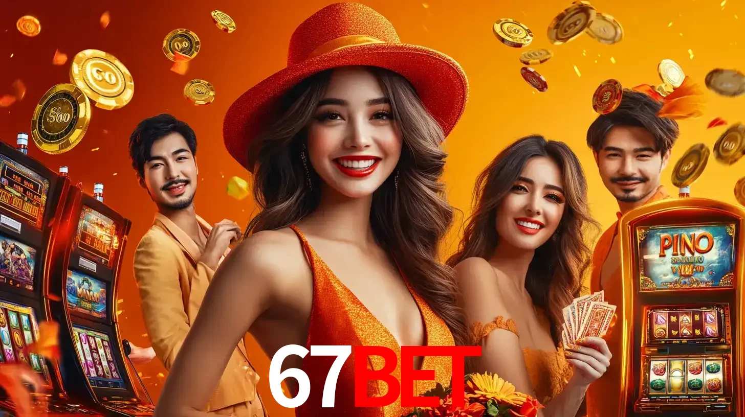 Grupo de amigos asiáticos sorrindo e se divertindo com máquinas de caça-níqueis em um ambiente festivo, celebrando suas vitórias nos jogos de cassino do 67bet.