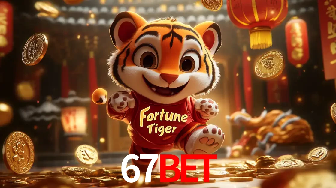O alegre personagem do Fortune Tiger correndo sobre um caminho de moedas de ouro, simbolizando os grandes prêmios e a diversão do popular jogo de slot do 67bet.