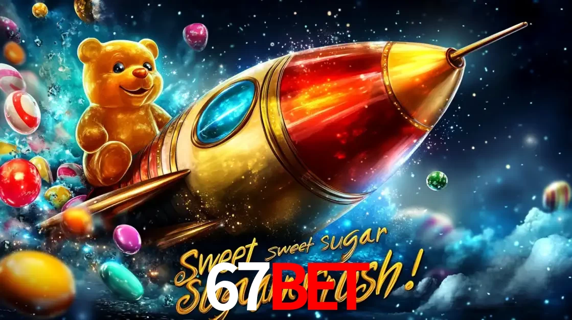 Arte promocional do jogo de slot Sugar Rush, com um urso de pelúcia em um foguete viajando pelo espaço de doces, um dos jogos divertidos disponíveis no cassino 67bet.
